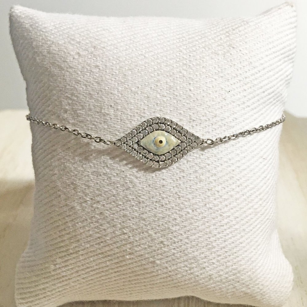 GENUINE STERLING SILVER 925 & CLEAR CZ WHITE EVIL EYE PROTECTION BRACELET 7.5"